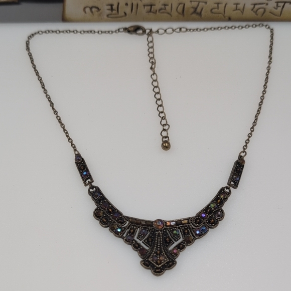 Ornate Victorian Gothic Necklace with Iridescent Filigree Bronze Finish - Picture 1 of 5